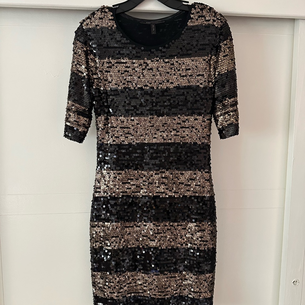 BCBG Max Azria Marta Sequin Striped Black and Gold Dress